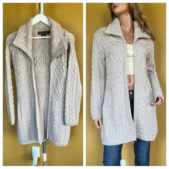 Inis Crafts Merino Wool Long Full-Zip Tunic Cardigan Sweater Beige - Picture 1 of 12